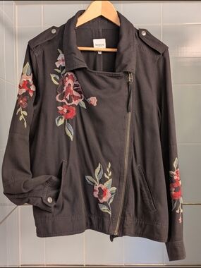 Black Embroidered Floral Moto Jacket